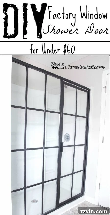 DIY Industrial Factory Window Shower Door: Transform a basic glass shower door into a stunning industrial style factory window shower door for under $60, perfect for a modern bathroom makeover.