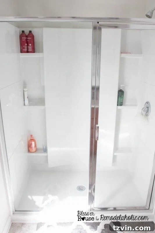 Before DIY: A standard builder basic glass shower door ready for an industrial factory window style makeover.