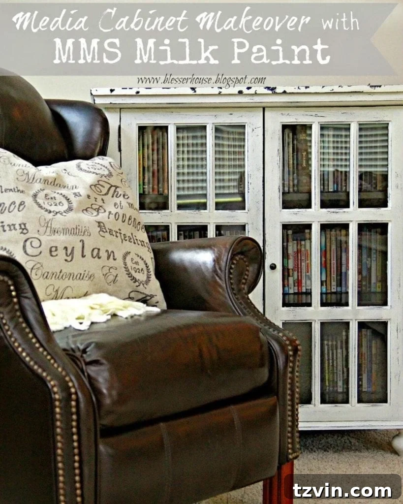 A media cabinet transformed with milk paint, offering another perspective on furniture painting techniques and styles.