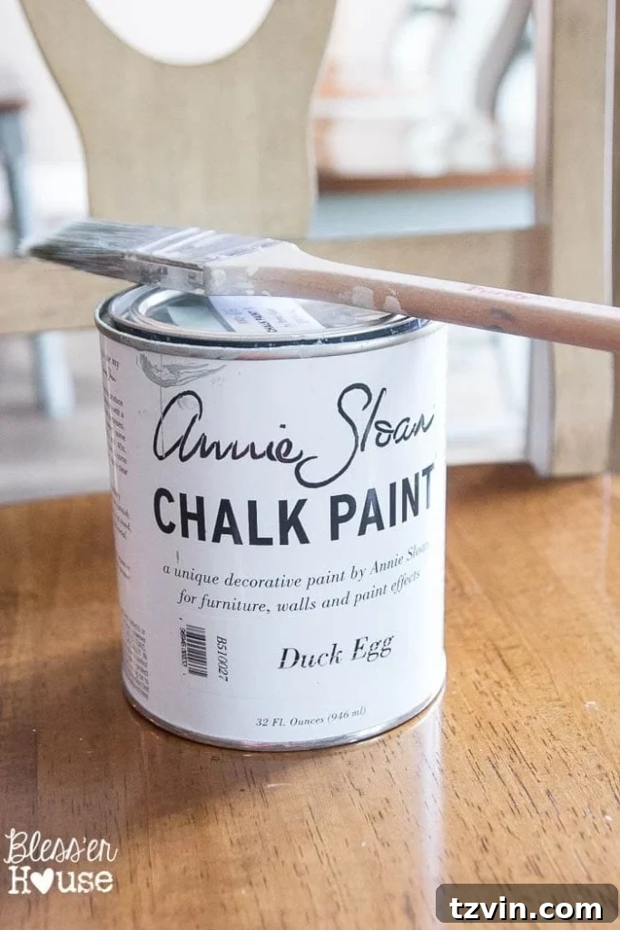 A quart of Annie Sloan Chalk Paint in 'Duck Egg Blue' ready for use, highlighting the beautiful and versatile color choice.