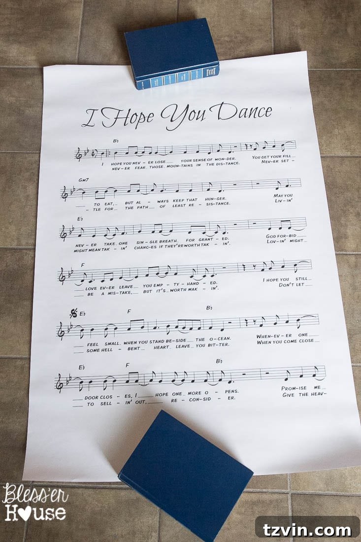 DIY Giant Sheet Music Wall Art 16 A large 24x36 inch engineer print of sheet music before antiquing.