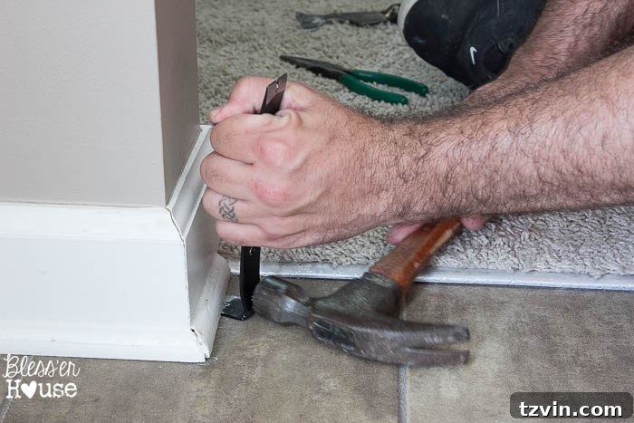 Robert gently tapping a sharpened pry bar under the quarter round molding along the floor line.
