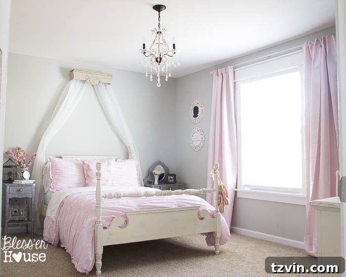 Upcycled Shelf Canopy Crown Project 11 Girl's Bedroom Makeover - Nearly finished room with DIY canopy.
