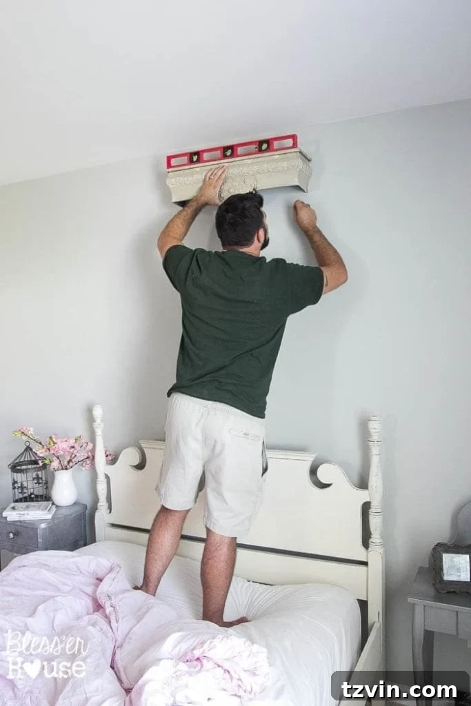 Upcycled Shelf Canopy Crown Project 4 DIY Canopy Shelf Installation - How to mount a shelf for a bedroom canopy.