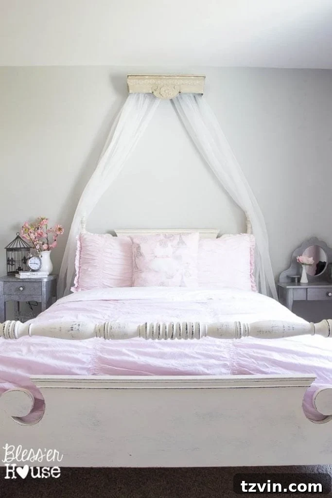 Upcycled Shelf Canopy Crown Project 6 Olivia's Princess Room with DIY Canopy - Child's reaction to bedroom transformation.