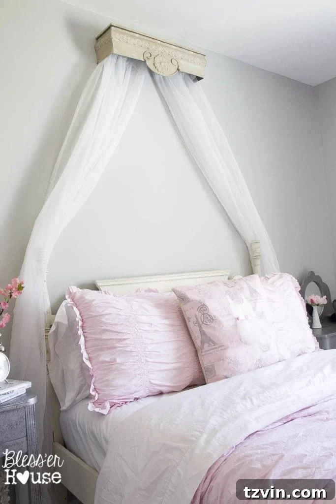 Upcycled Shelf Canopy Crown Project 9 Bedroom Details: Headboard Area - Anticipating new wall art for a girl's room.