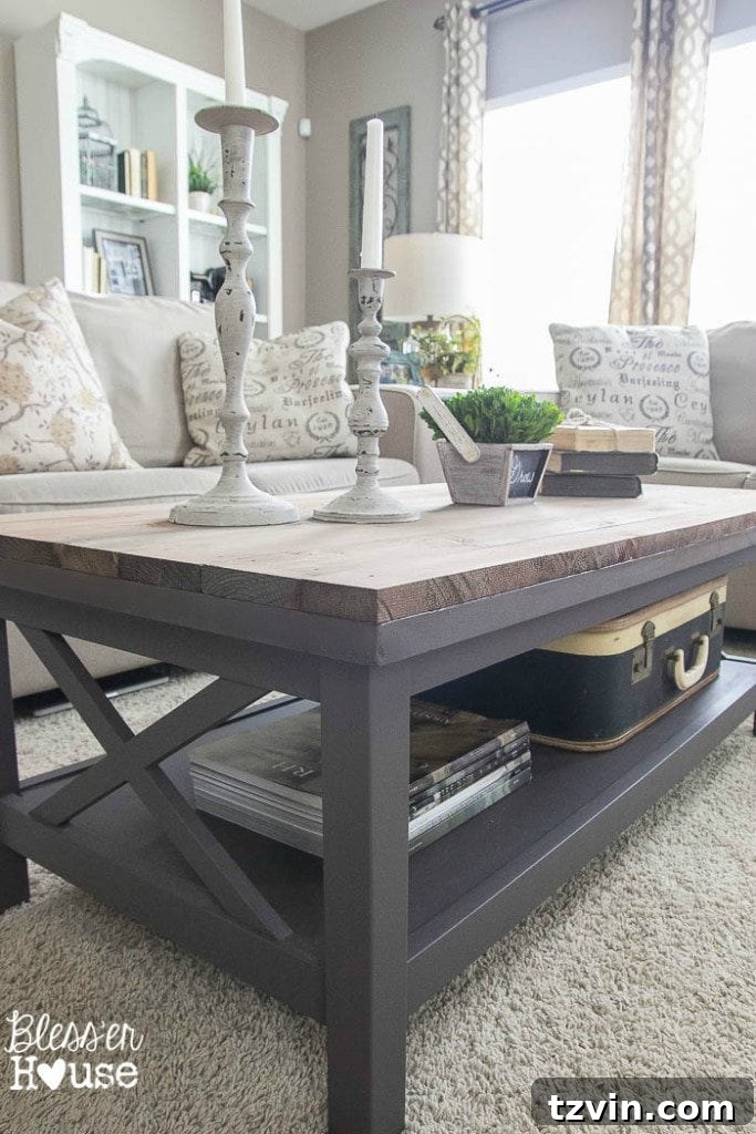 Reclaimed Barnwood Coffee Table 10 Close-up of rustic coffee table top and black painted base