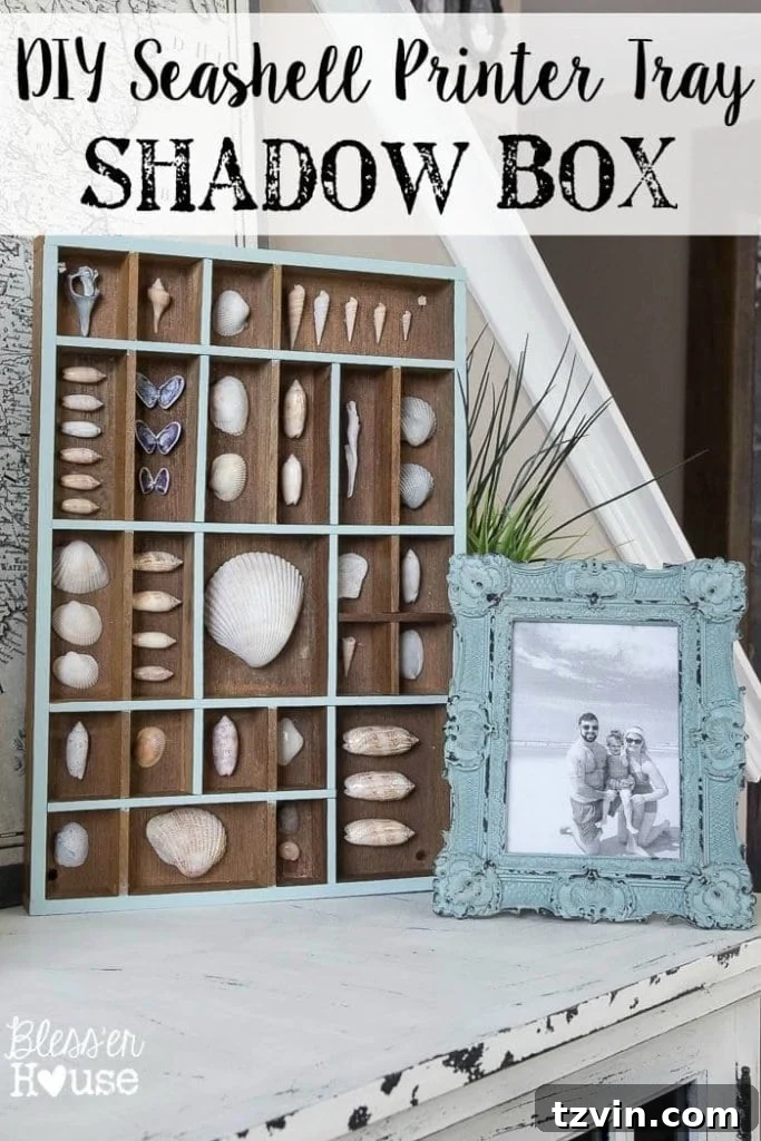 DIY Seashell Printer Tray Shadow Box: Create a beautiful coastal display with your beach treasures. Learn how to craft a DIY seashell printer tray shadow box in under an hour for stunning home decor. Features Scotch mounting squares.
