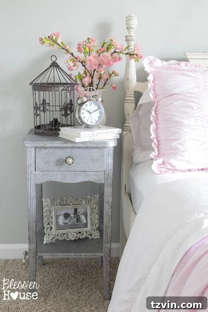 Our Prima Ballerina's Dream Bedroom Transformation 13 Aged metallic painted nightstand, an antique heirloom, in girl's room