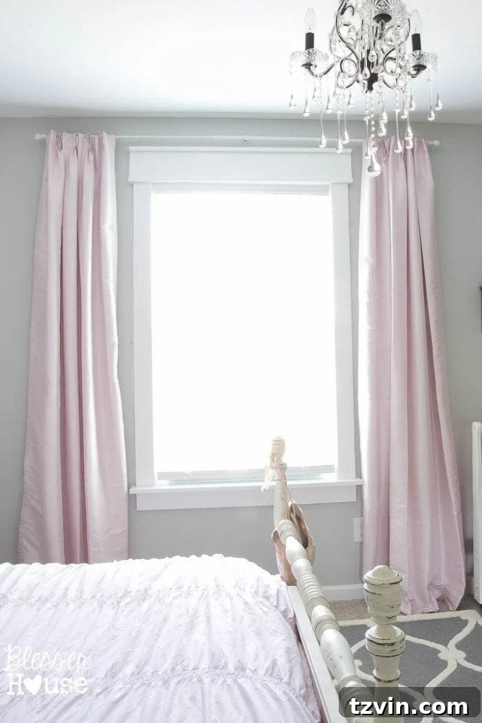 Our Prima Ballerina's Dream Bedroom Transformation 14 Window with new DIY trim and curtains in a child's bedroom