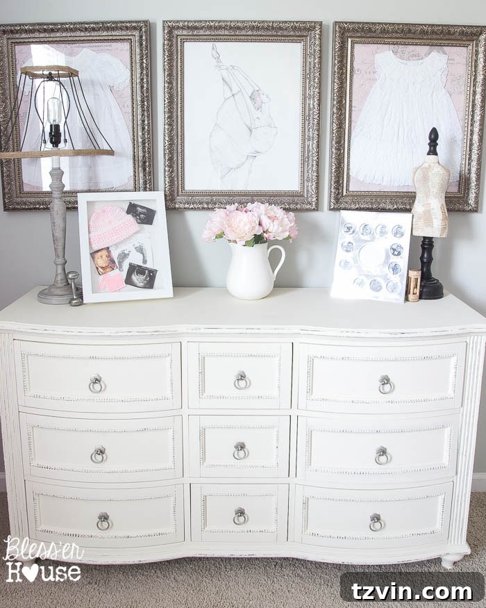 Our Prima Ballerina's Dream Bedroom Transformation 18 Repurposed dresser with framed baby dresses and sketch art