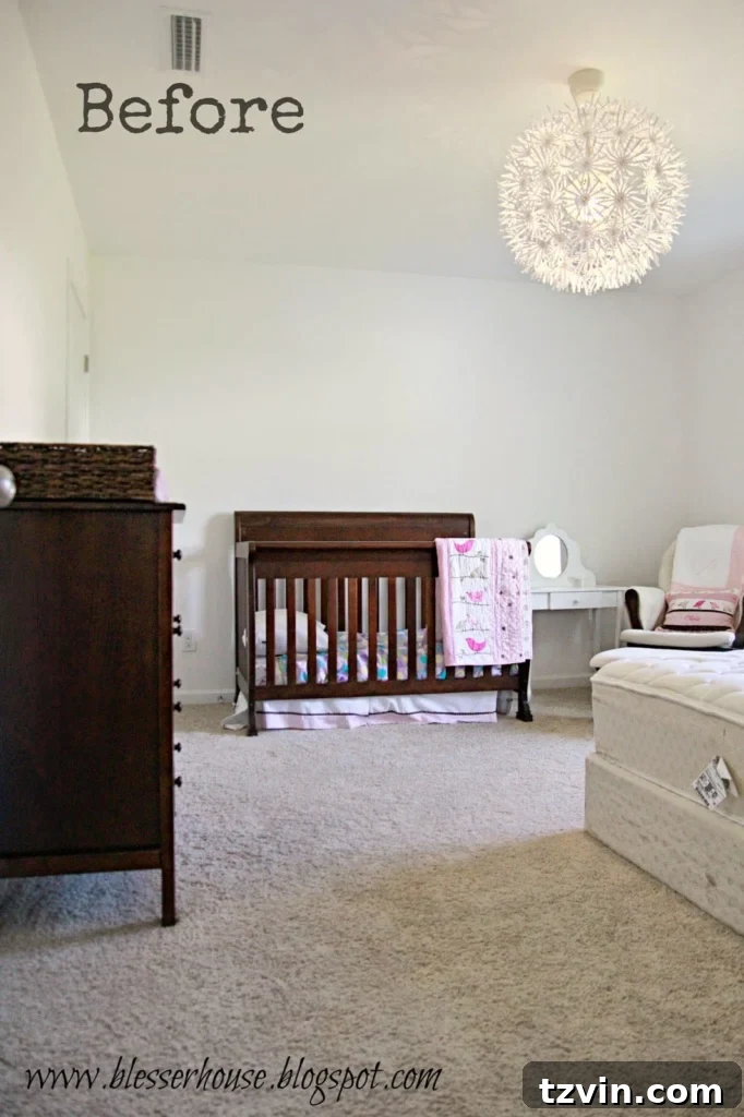 Our Prima Ballerina's Dream Bedroom Transformation 3 Child's bedroom with basic crib, dresser, and mattress before makeover