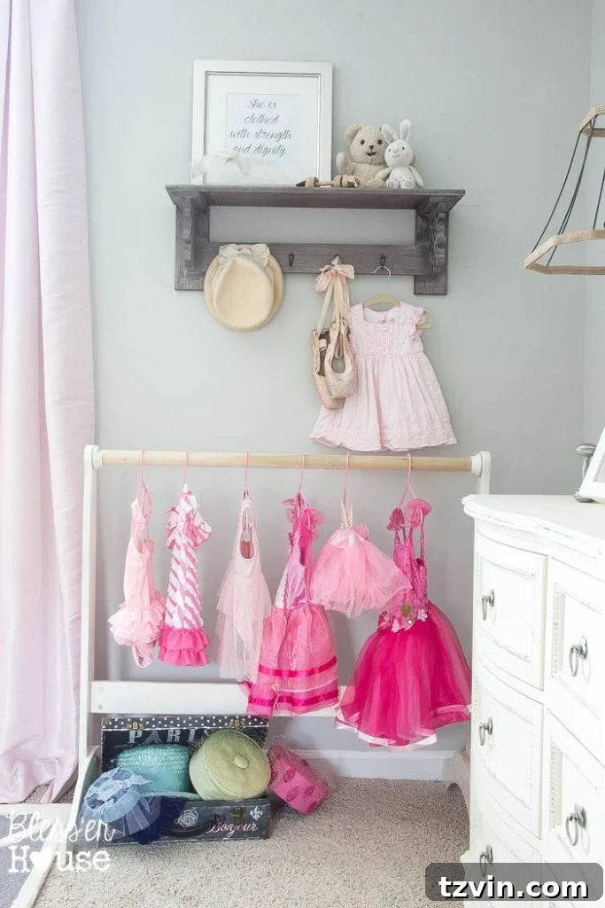 Our Prima Ballerina's Dream Bedroom Transformation 22 DIY dress-up rack made from a repurposed bassinet stand