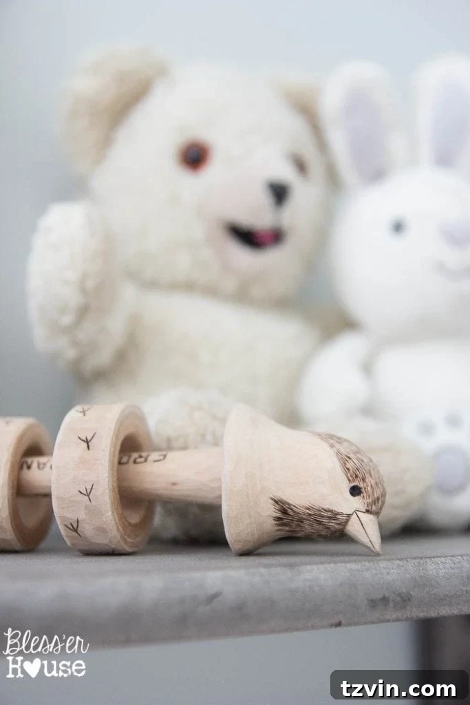 Our Prima Ballerina's Dream Bedroom Transformation 24 Close up of a handcrafted wooden bird rattle, an heirloom