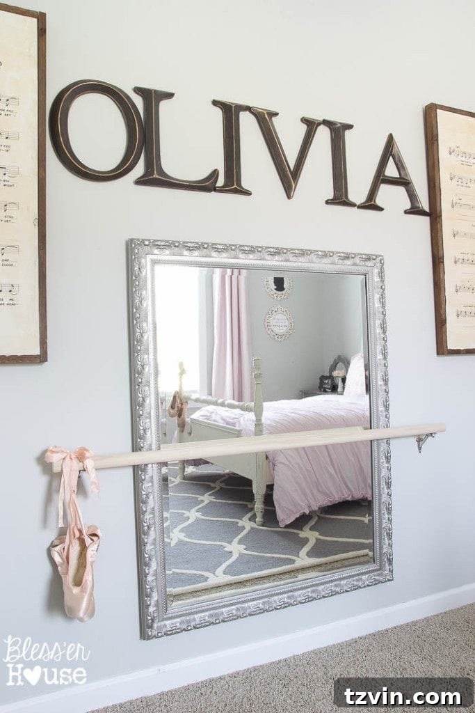 Our Prima Ballerina's Dream Bedroom Transformation 6 Close-up of DIY ballet barre and vintage mirror in girl's room