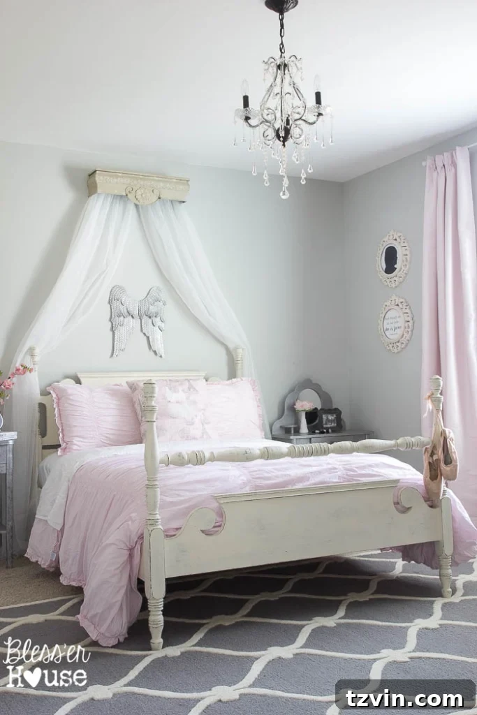 Our Prima Ballerina's Dream Bedroom Transformation 7 Shabby chic white bed with ballet themed bedding in child's room
