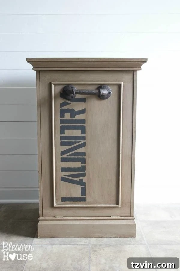 Industrial Hamper Reimagined 9 Finished industrial style laundry hamper against shiplap wall