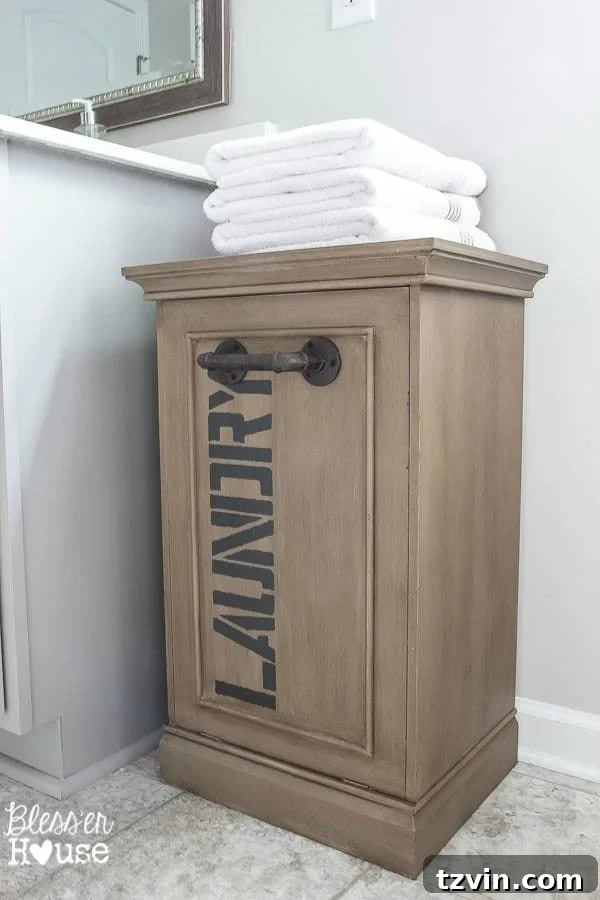 Industrial Hamper Reimagined 10 Industrial laundry hamper in master bathroom next to cabinet