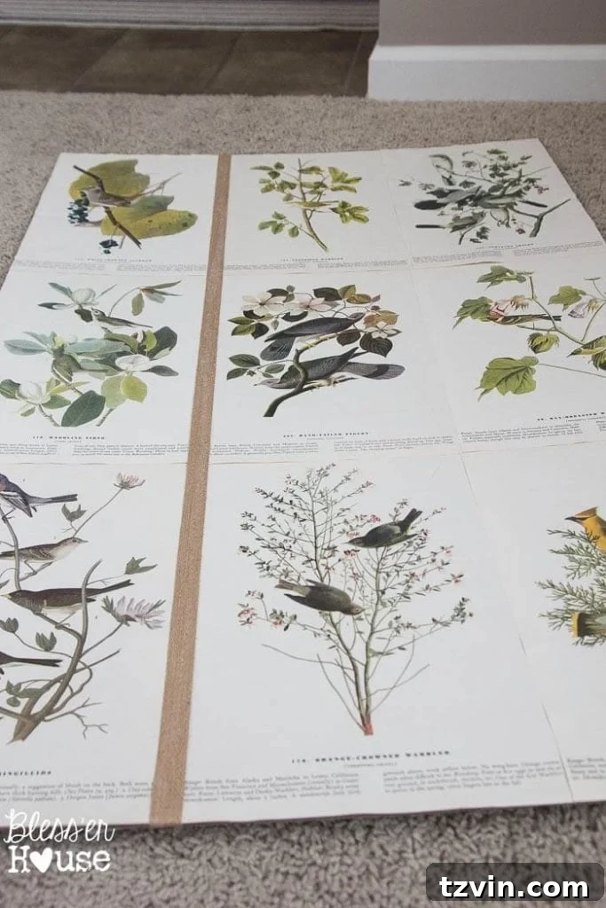 Botanical Blooms from Book Pages 12 Gluing jute burlap ribbon onto DIY book page botanical art