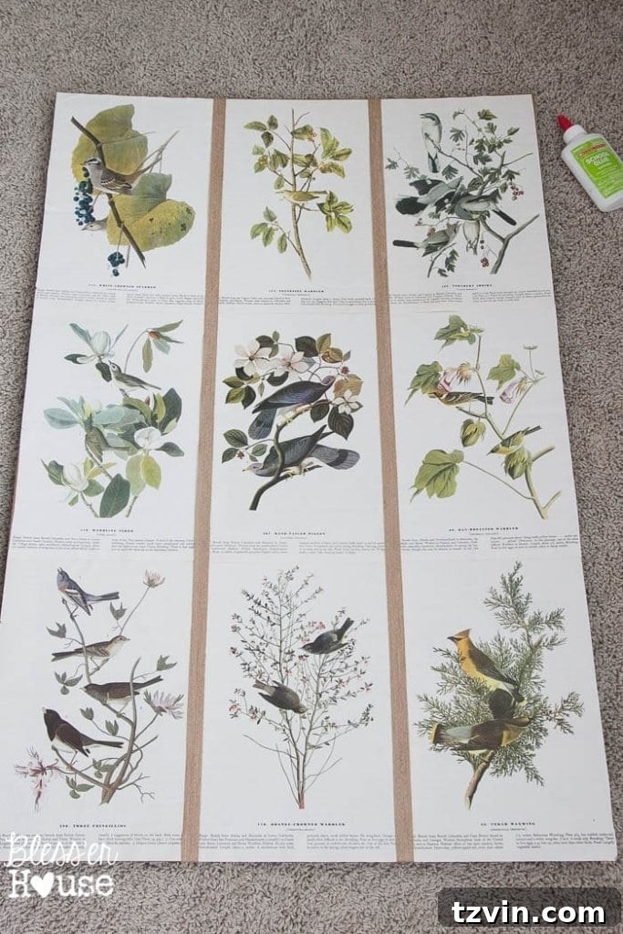 Botanical Blooms from Book Pages 13 Vertical application of jute burlap ribbon on framed art