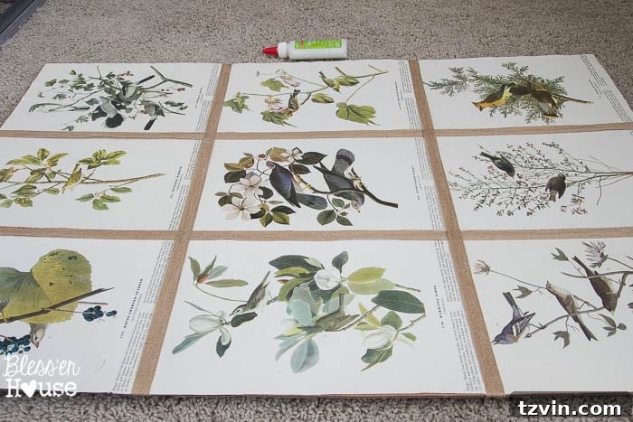 Botanical Blooms from Book Pages 14 Horizontal application of jute burlap ribbon to complete art grid