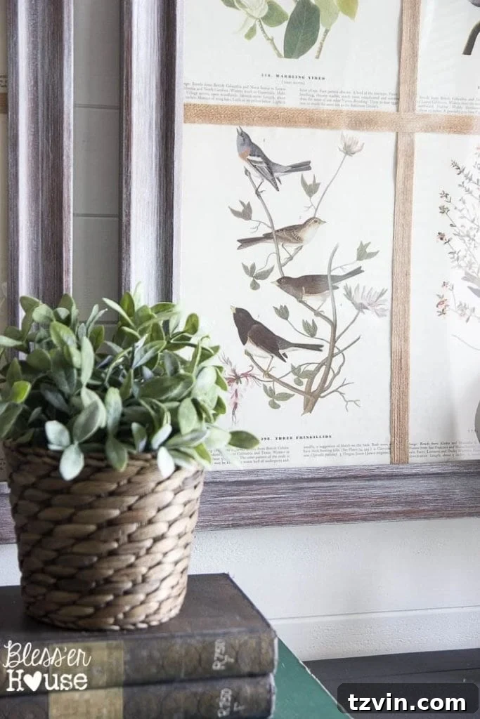 Botanical Blooms from Book Pages 16 Close-up of DIY botanical art with burlap ribbon details and weathered frame