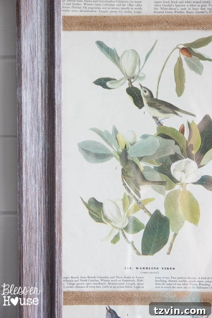 Botanical Blooms from Book Pages 17 Detailed view of the DIY book page botanical art and distressed frame