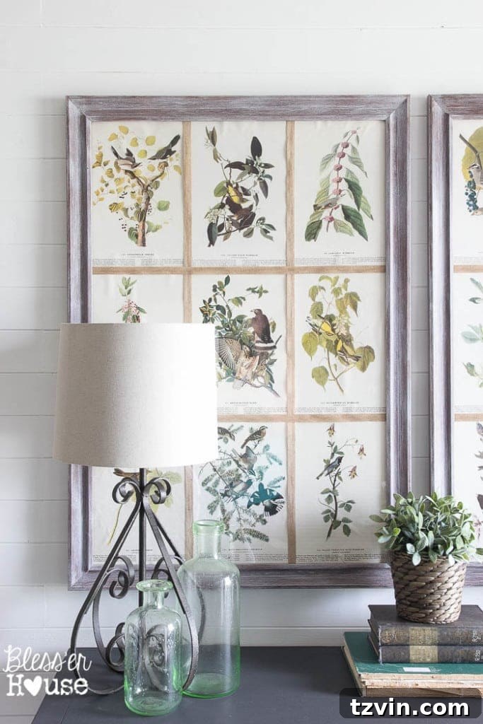 Botanical Blooms from Book Pages 18 DIY botanical art complementing a shiplap wall in a foyer