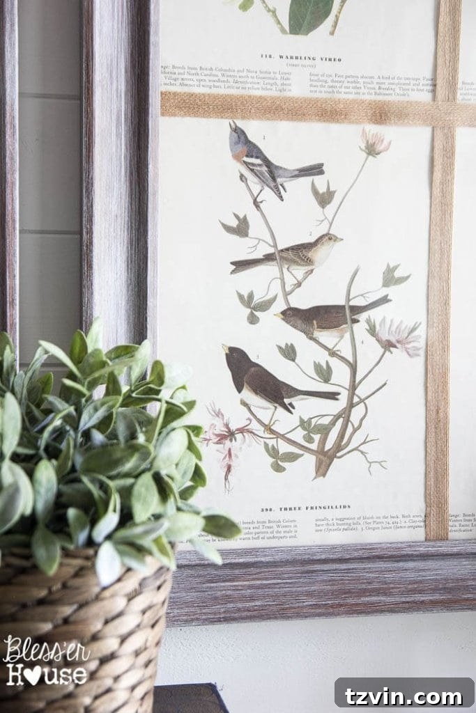 Botanical Blooms from Book Pages 19 Foyer table styled with DIY botanical art and thrifted lamp