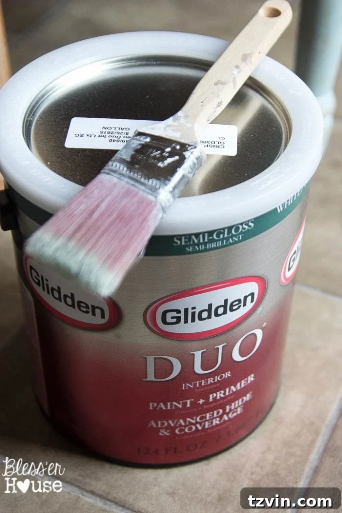 Glidden Duo Paint + Primer can, used for board and batten project.