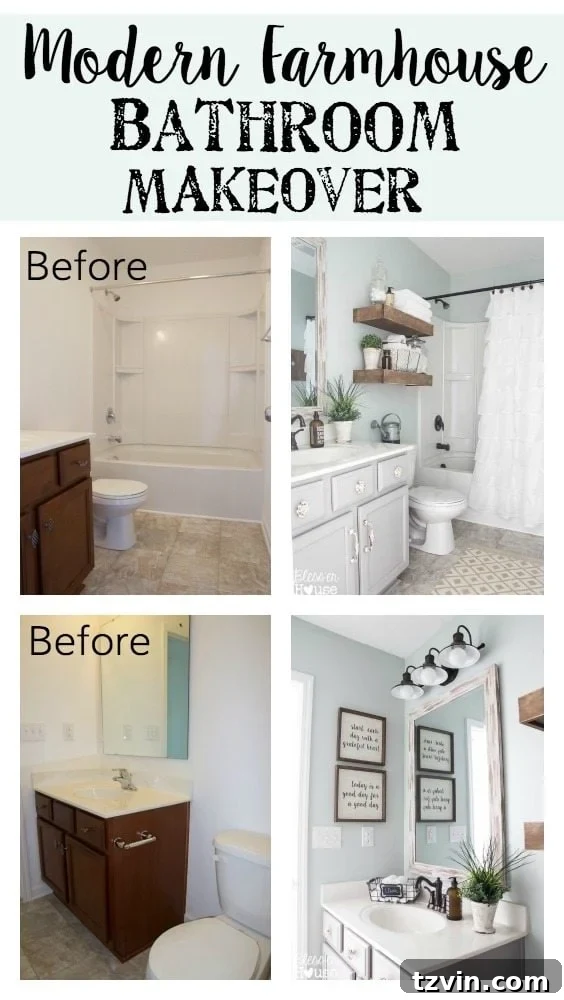 Modern Farmhouse Bathroom Makeover Before: A generic, builder-grade bathroom lacking charm and personality, ready for an affordable rustic transformation.
