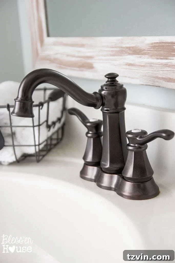 Stunning Moen Vestige Centerset Faucet, a luxurious and functional upgrade in the modern farmhouse bathroom.