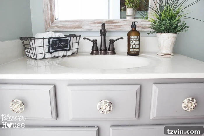 Detailed view of the painted vanity cabinets with charming spigot knobs and new hardware, elevating the farmhouse bathroom style.