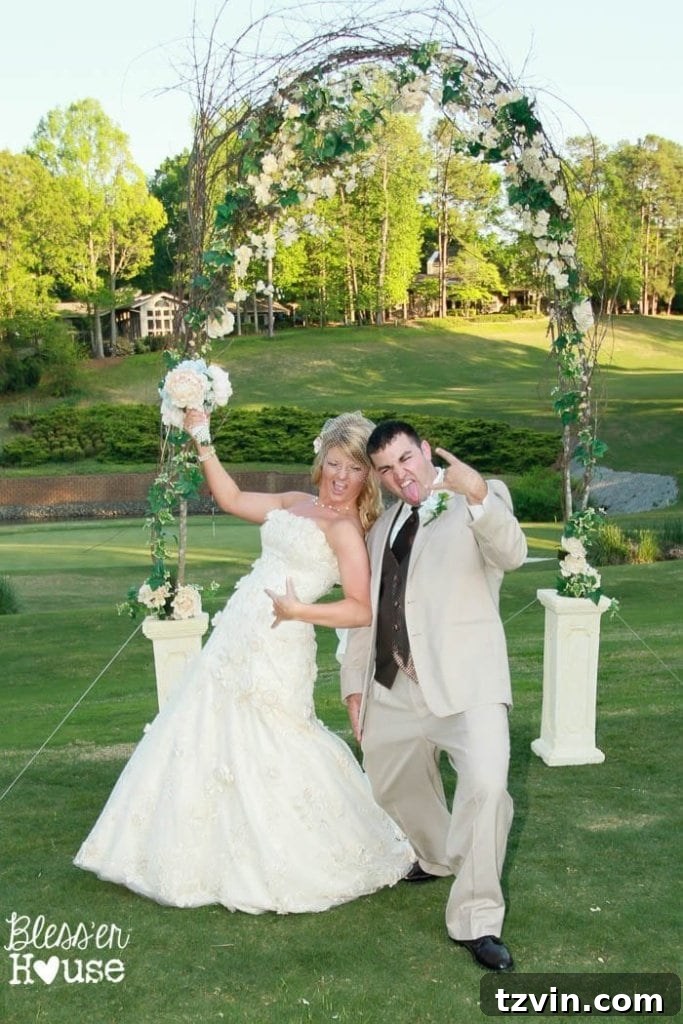 Lakeside Love Story: From Then to Forever 37 Bride and groom air guitar