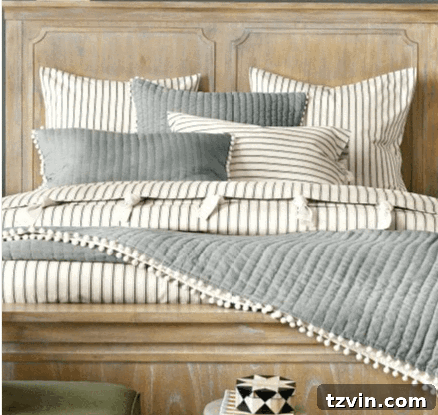 Modern Rustic Master Bedroom Design Plan | www.blesserhouse.com | ticking stripe bedding