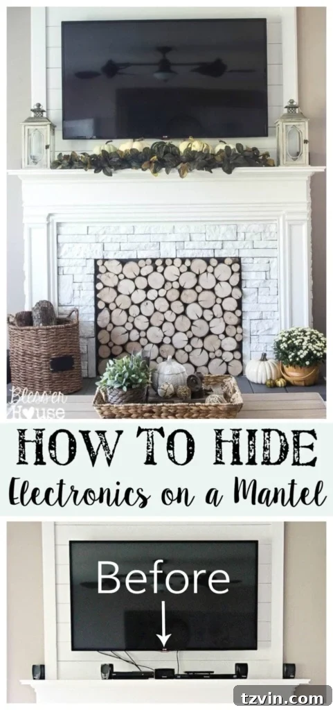 Concealing Tech on a Mantel 2 Living Room Mantel with Hidden Cords and Electronics