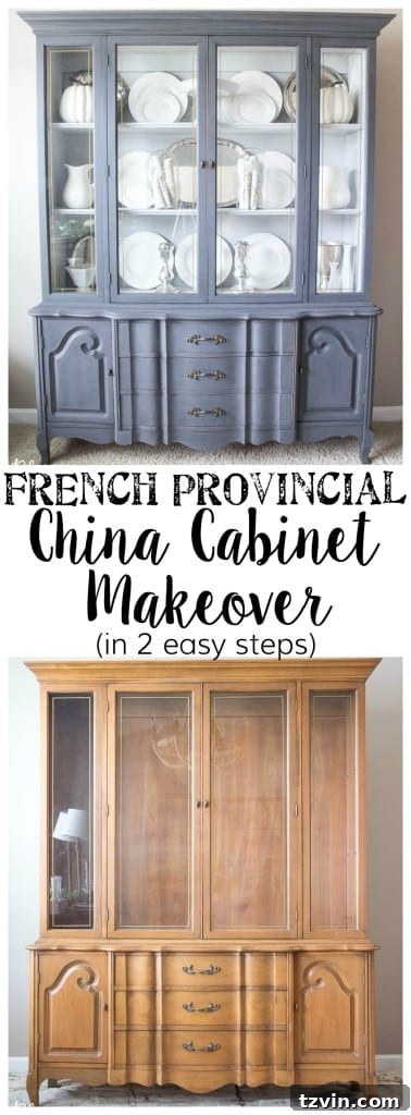 French Provincial Hutch Reimagined 18 French Provincial China Cabinet Makeover: Pin image for Pinterest sharing, vertical format