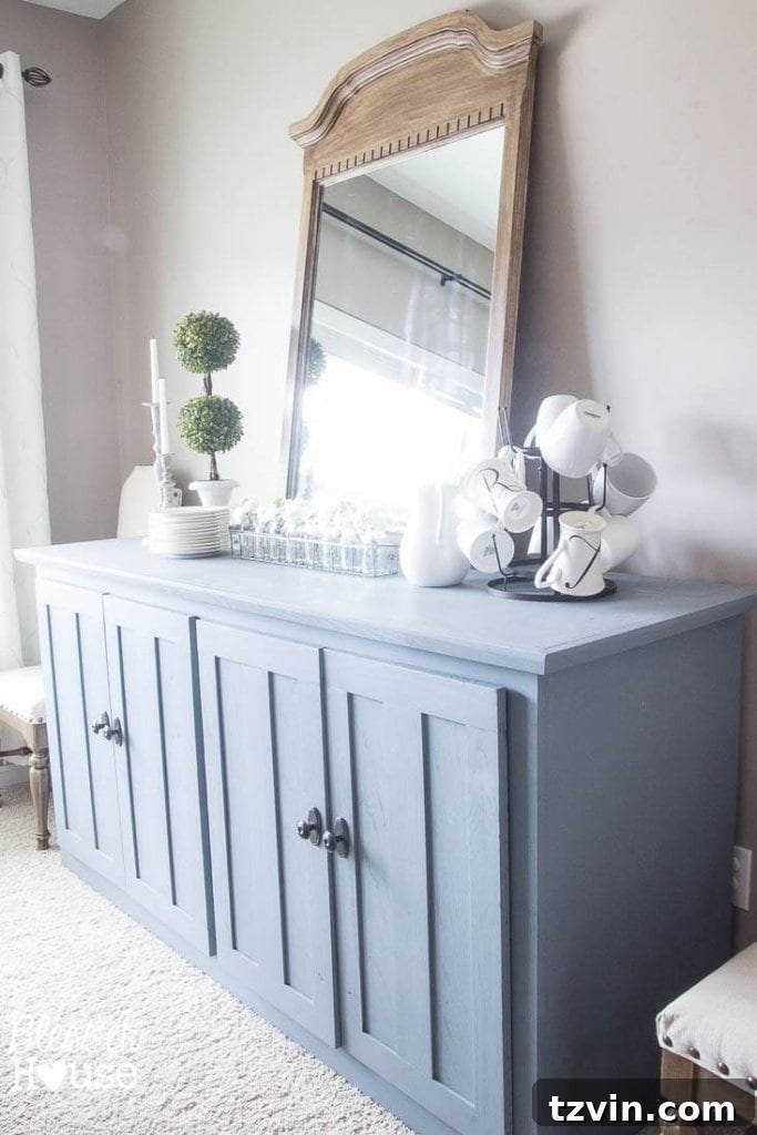 French Provincial Hutch Reimagined 4 Our previous oversized blue dining room buffet that cramped the space, showing its large footprint