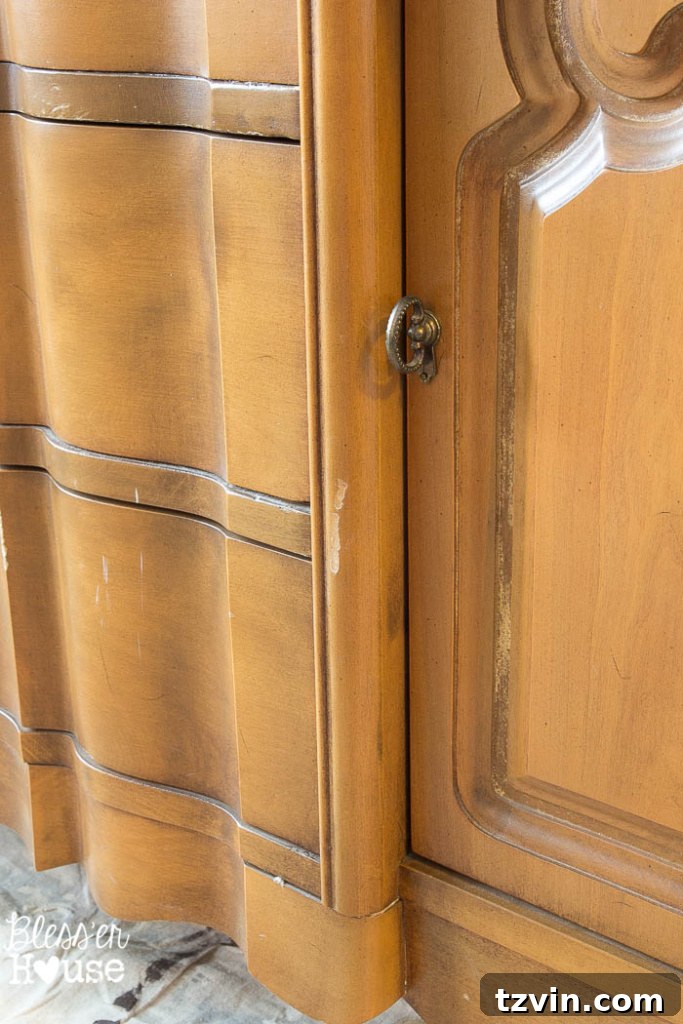 French Provincial Hutch Reimagined 5 French Provincial China Cabinet Makeover: First coat of Fusion Mineral Paint in Ash, showing smooth application