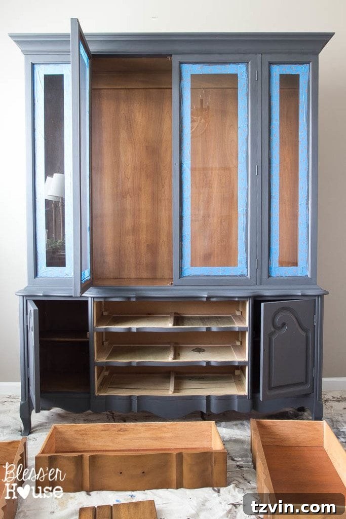 French Provincial Hutch Reimagined 7 French Provincial China Cabinet Makeover: Cabinet after one coat of Fusion Mineral Paint in Ash, showing smooth finish
