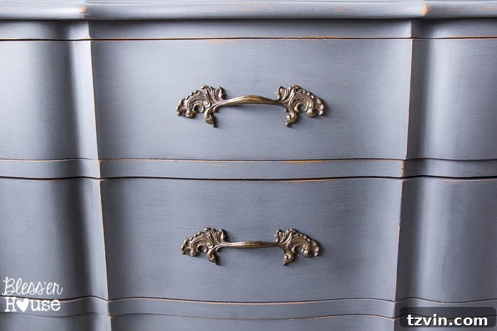French Provincial Hutch Reimagined 8 French Provincial China Cabinet Makeover: Close-up of distressed details and original hardware, showcasing aged look