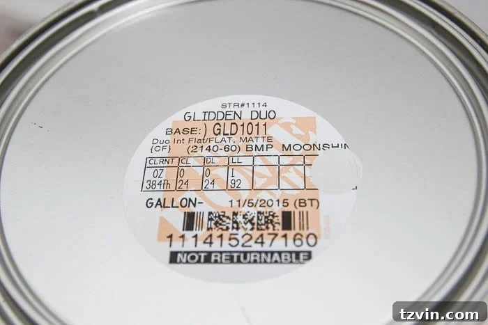 Unlock Designer Paint Colors for Less 4 Close-up of a paint can label showing brand and mixed color