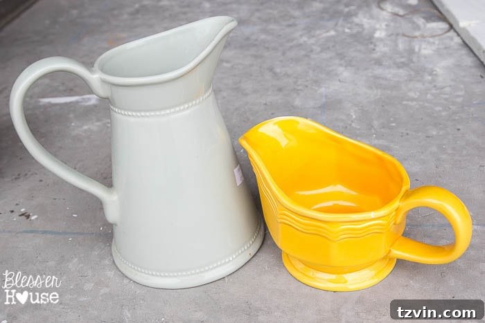 Creating Faux Ironstone from Thrift Store Treasures 3 Spray painted pitcher before and after