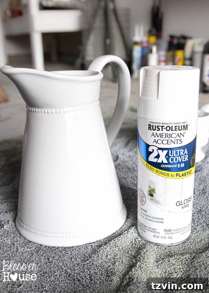 Creating Faux Ironstone from Thrift Store Treasures 4 Spraying a pitcher with white paint