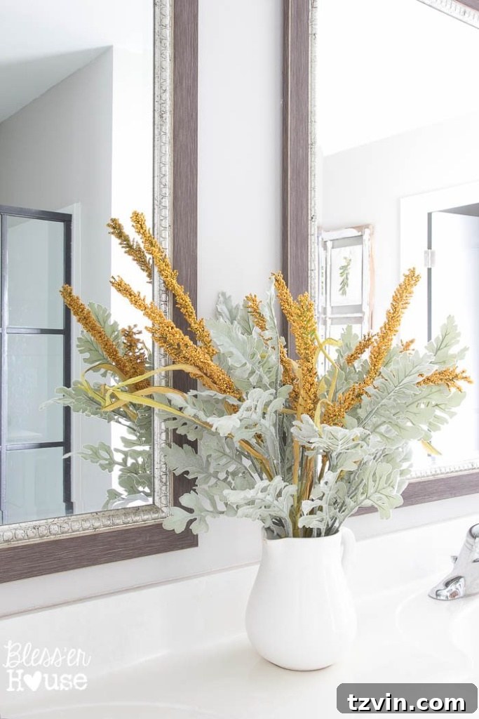 Creating Faux Ironstone from Thrift Store Treasures 7 Faux ironstone pitcher in a fall bathroom display