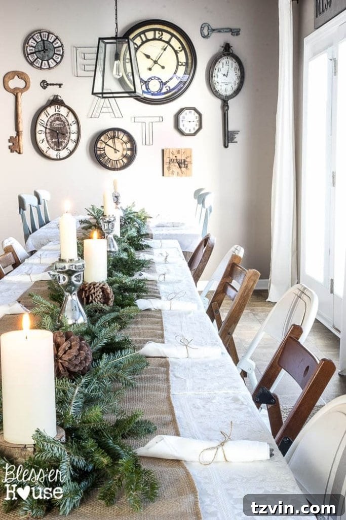 Budget-friendly holiday table setup with white tablecloths
