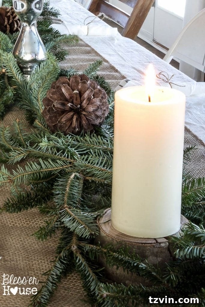 Arranging candles and wood slices on a holiday table