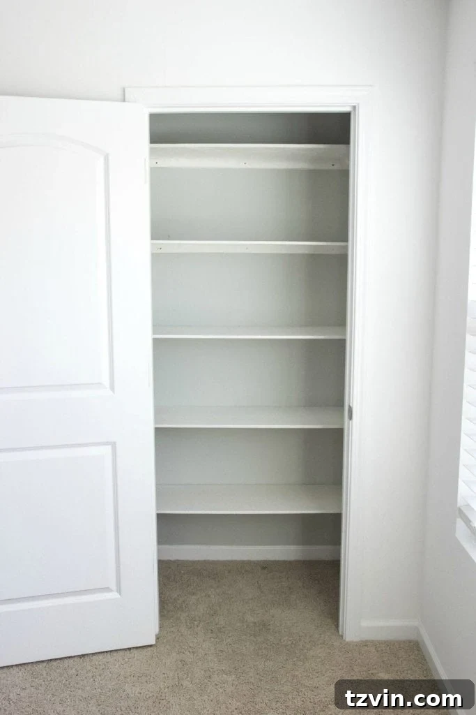 Close-up of the completed DIY closet shelves, showing the sturdy construction and painted finish. The simple design offers maximum utility for craft storage and organization.