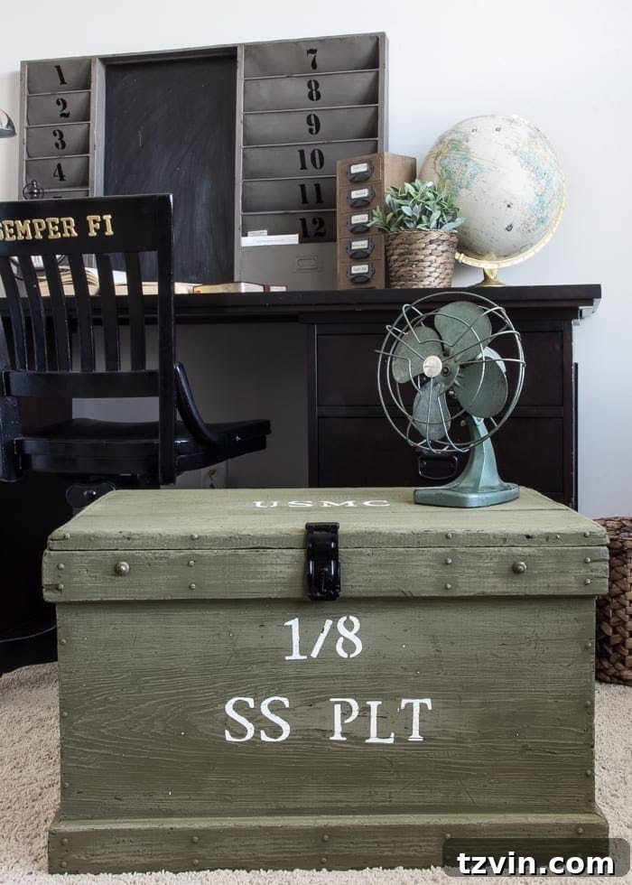 Vintage Military Trunk Transformation 11 Decorating with a Military Foot Locker | Sentimental Home Decor
