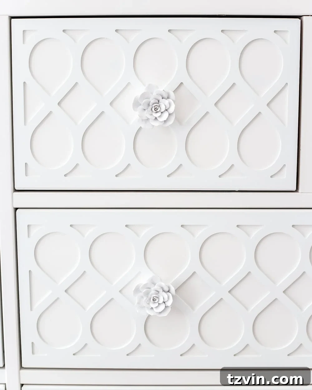 Find Your Perfect Furniture and Cabinet Hardware 5 white rose drawer knobs on white applique drawer fronts